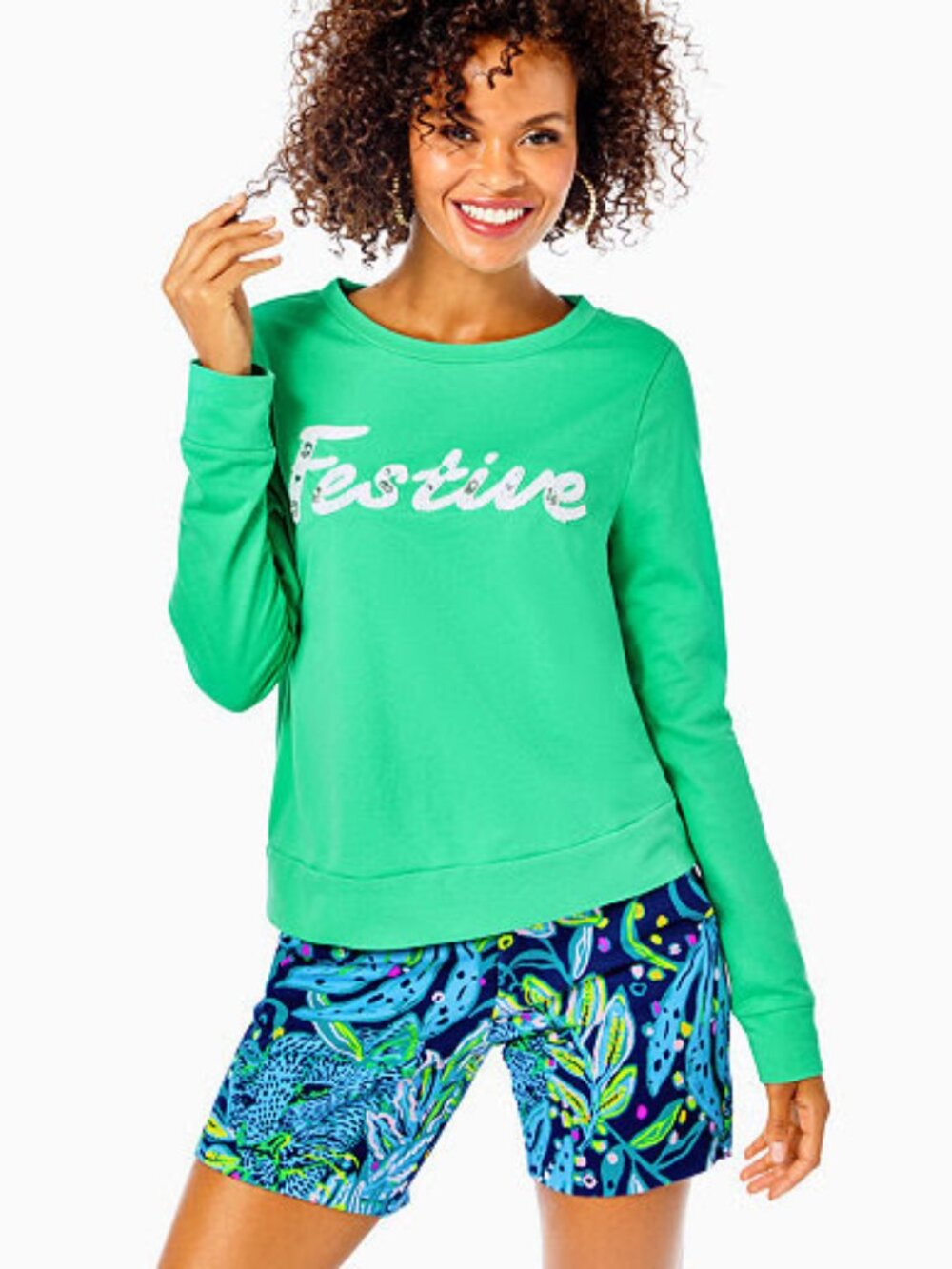 Lilly Pulitzer "Festive" Green Holiday Graphic Sweatshirt size XL NWT